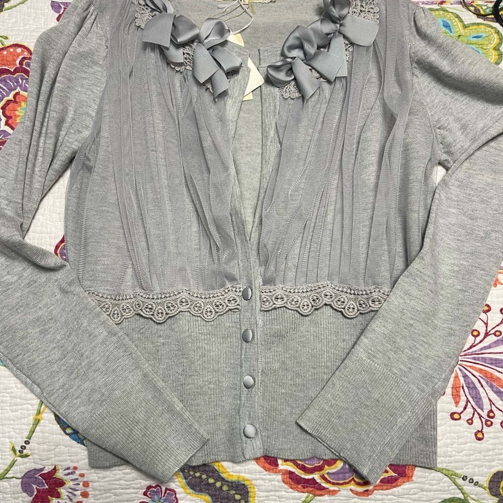 Gray Blouse with Bib Collar and Ruffled Pleats